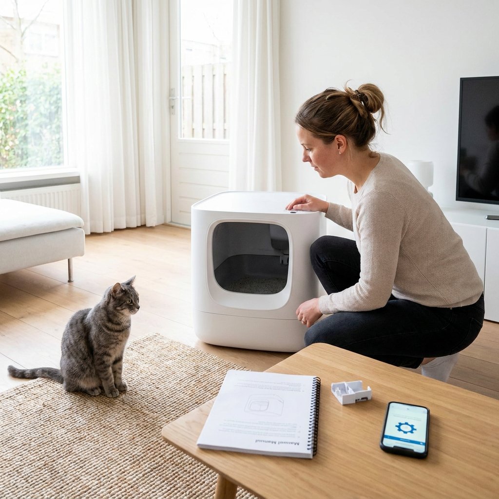 Katteneigenaar controleert een automatische kattenbak in een lichte moderne woning, met handleiding en onderdeel op tafel en een rustige kat erbij.